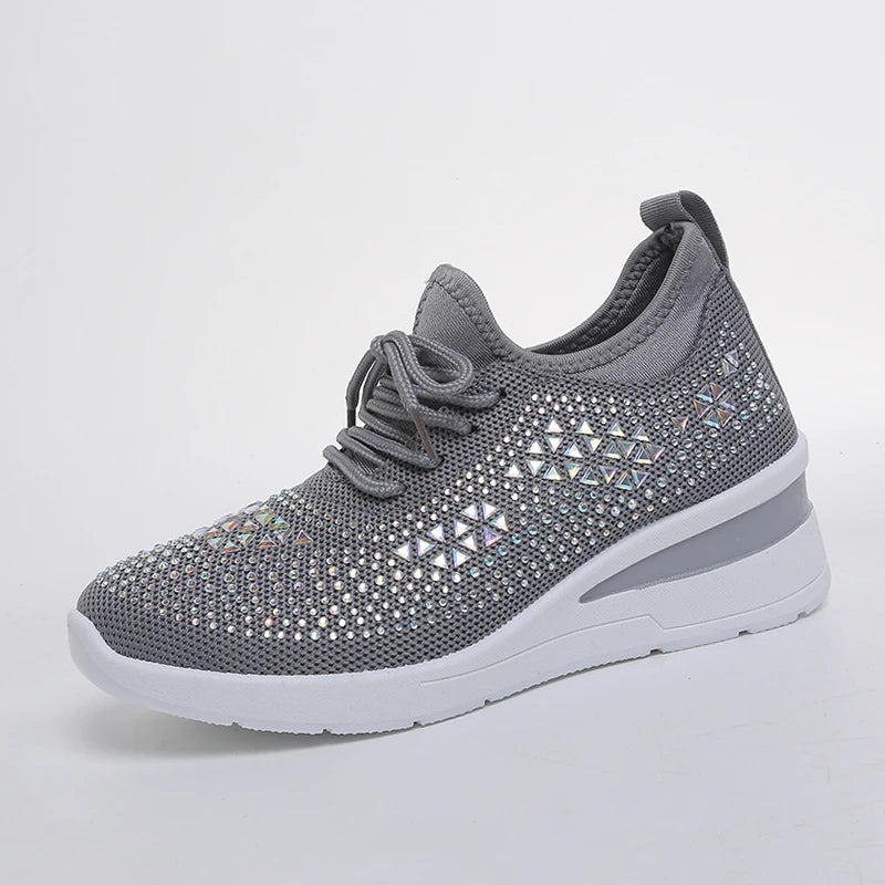 Women's Rhinestone Embellished Knit Mesh Wedge Sneakers, Adjustable Lace-Up Closure, Daily Walking Casual Footwear Pi-Mart