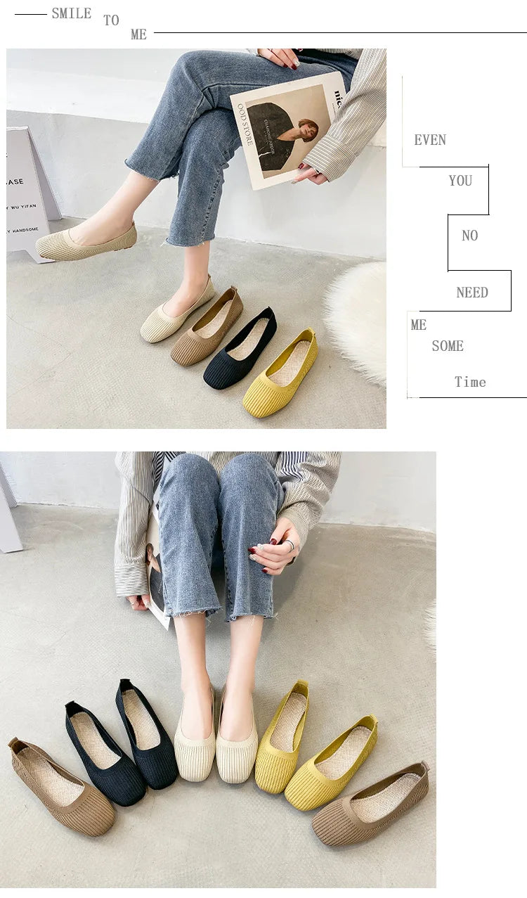 Women Leisure Flats Summer Autumn Flat Shoes Breathable Knitted Square Toe Slip-on Female Daily Walking Driving Loafers Pi-Mart