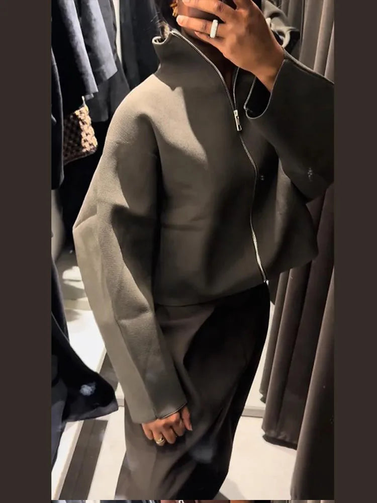 Vintage Stand Collar Women's Cropped Jacket Zipper Loose Full Sleeve Thick Warm Coat 2025 Autumn Winter Lady New in Outwear LadyShow.Store