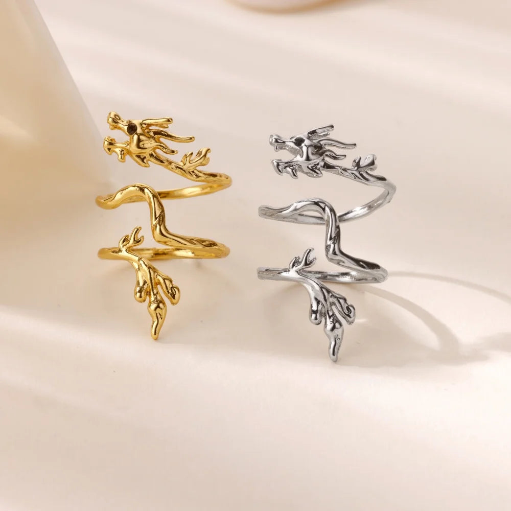 Dragon Rings For Women Gold Color Stainless Steel Punk Opening Adjustable Dragon Ring Hip Hop Jewelry Accessories Gifts Pi-Mart