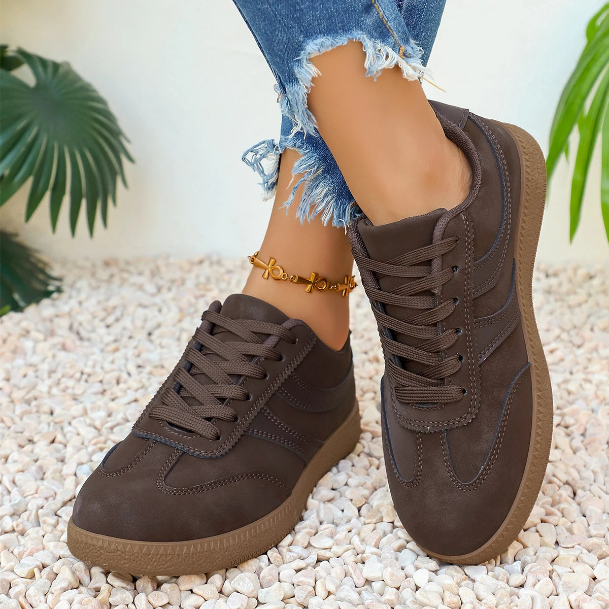 Retro Brown Platform Sneakers Women 2026 Flat Trend German Training Shoes Woman Plus Size 43 Non-slip Thick Sole Vulcanize Shoes Pi-Mart
