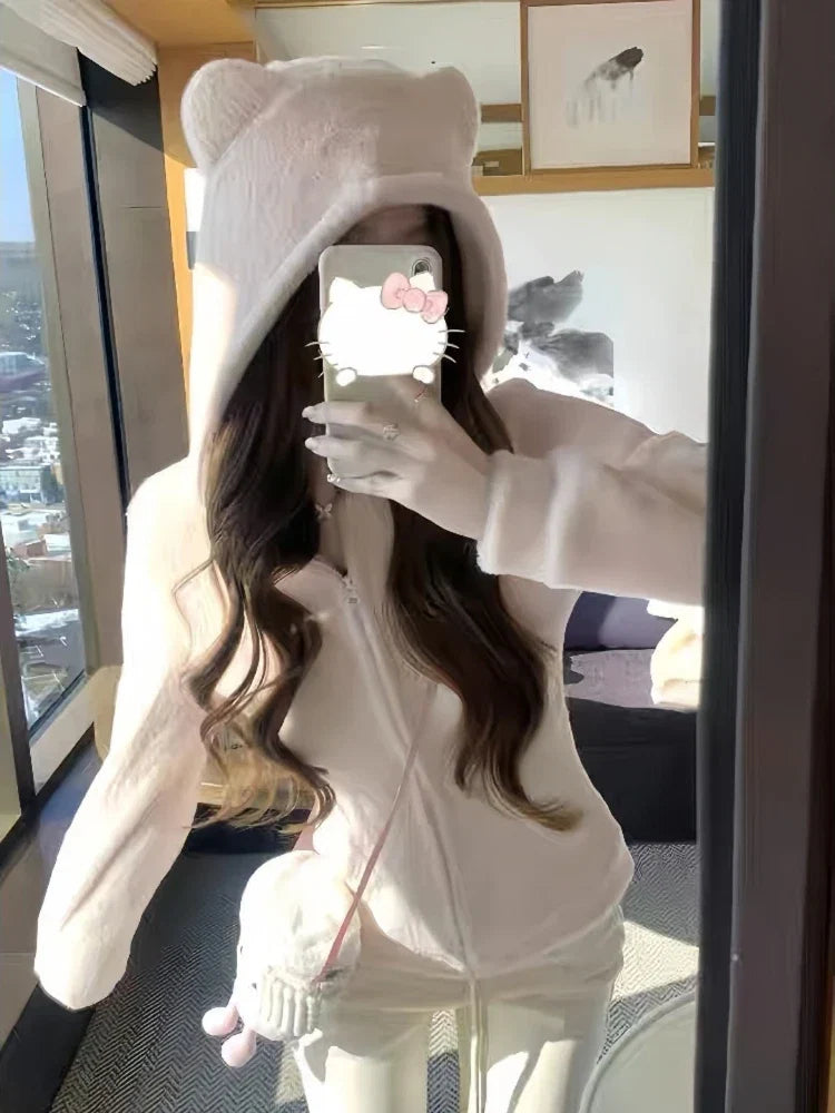 2025 Kawaii Plush Hoodie Women Bear Ear Zip Jacket Soft Warm Fleece Coat Korean Sweet Girl Winter Outerwear Cute Fashion Trend LadyShow.Store