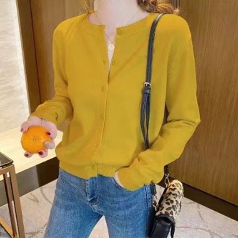 Rimocy Knitted Cardigan Jacket Women 2025 Spring Autumn Round Neck Casual Cardigans Woman Solid Color Slim Korean Jumpers Female LadyShow.Store
