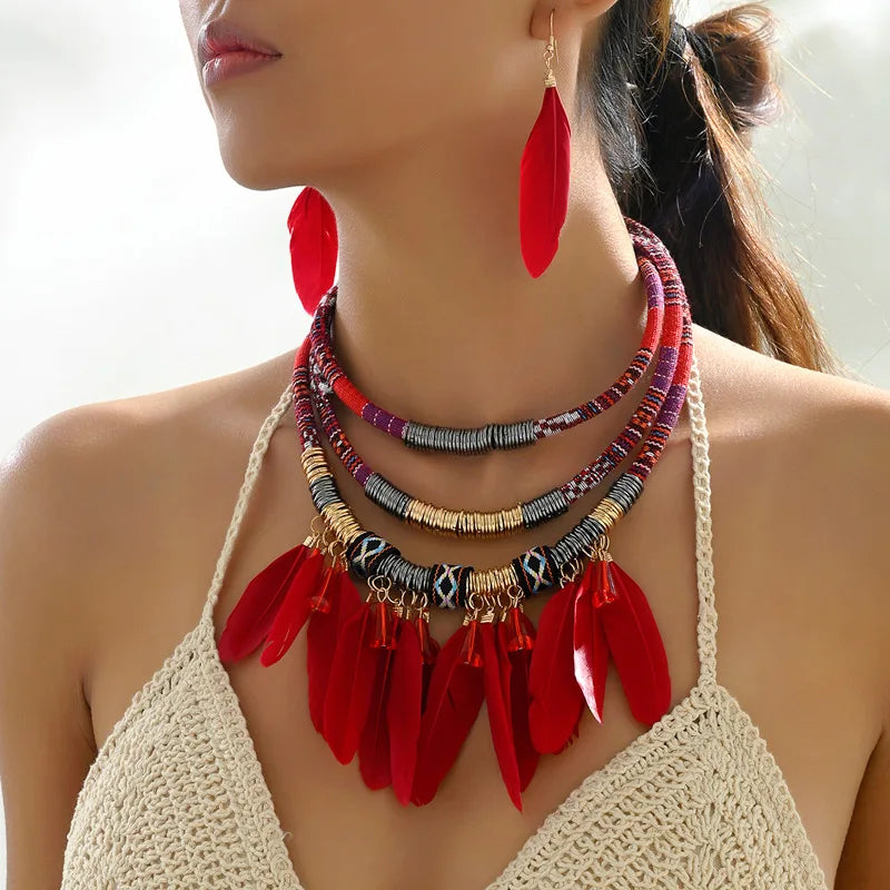 Fashion Vintage Ethnic Feather Choker Necklace Earrings Set For Women Multilayer Nekclace Earrings Jewelry Sets Pi-Mart