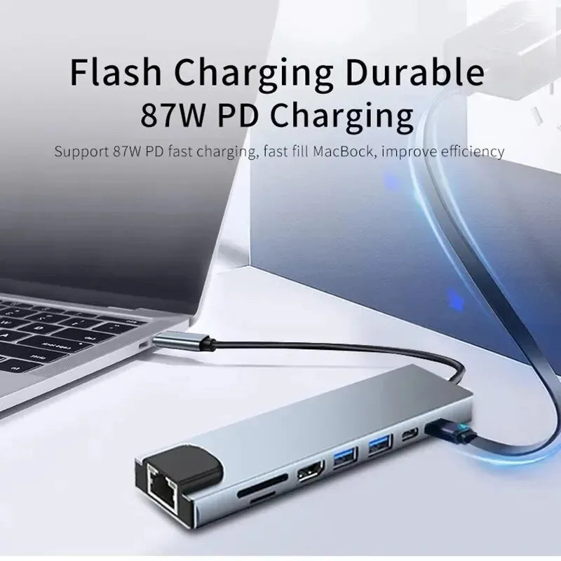 USB C Hub 8In1 7in2 7in1 Type C 3.1 To 4K HDMI Adapter with RJ45 SD/TF Card Reader PD Fast Charge for MacBook Notebook Laptop Pi-Mart
