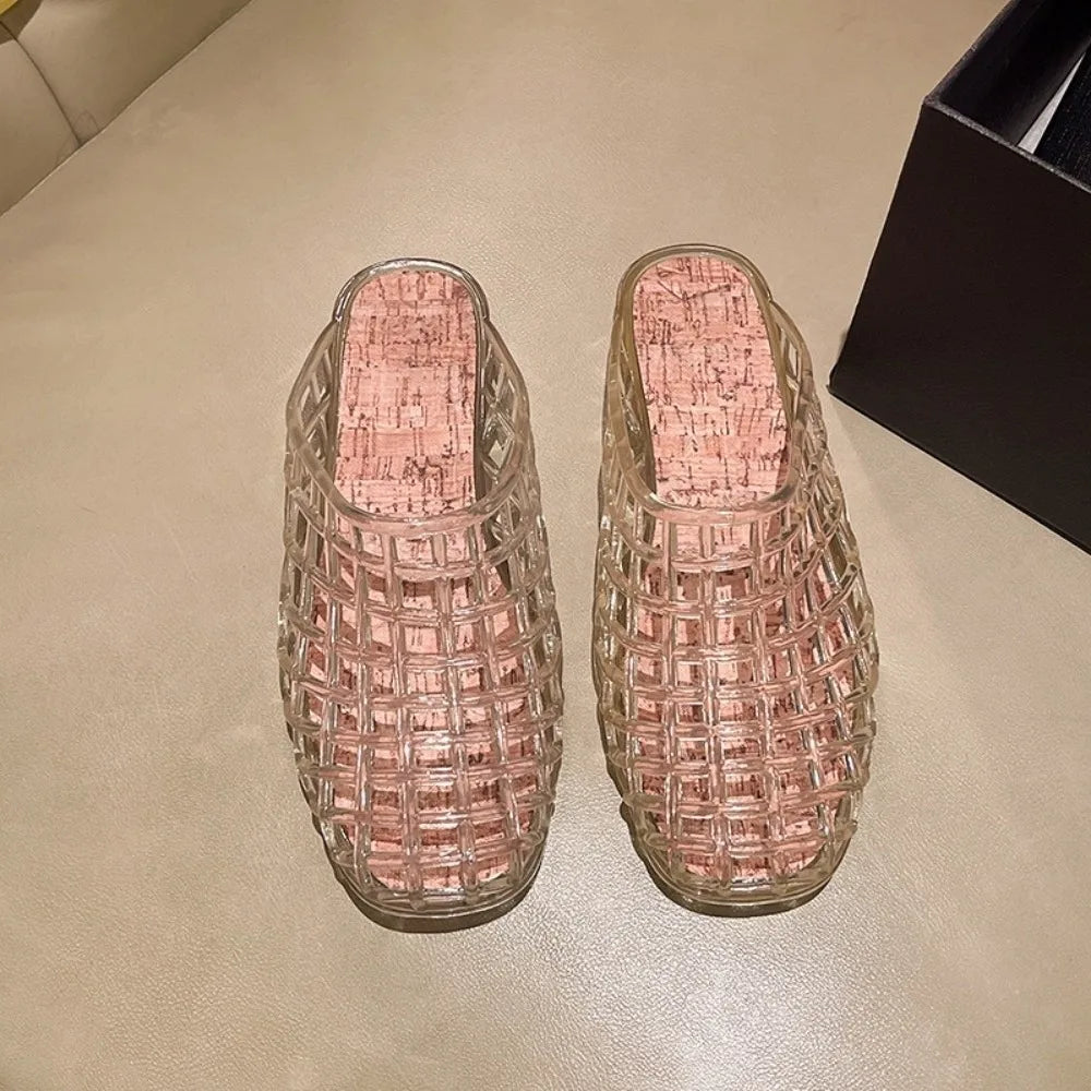 Round Toe PVC Crystal Slippers Non-Slip Soft Fishing Net Jelly Sandals Flat Low Bottom Transparent DIY Shoes Charms Shoes LadyShow.Store
