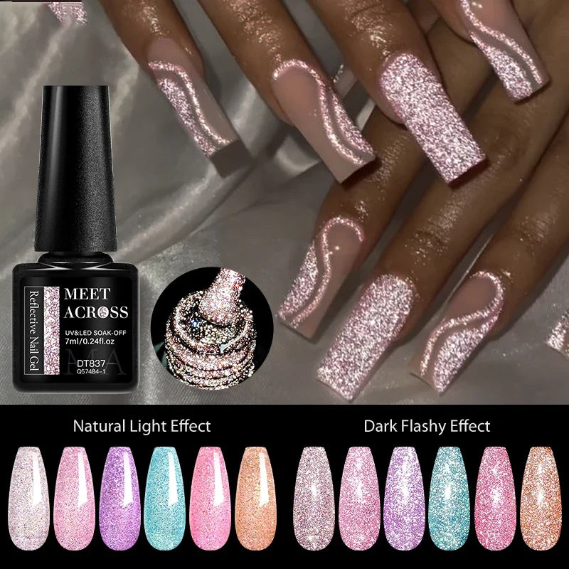 7ml Reflective Glitter Nail Gel Polish Semi Permanent French Style Nail Art UV LED Gel Sparkling Soak Off Manicure Varnish DIY Tri Light Beauty