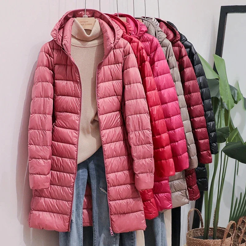 Plus Size Winter Womens Fashionable Outerwear Down Jackets Long Light Thin Coat Puffer Jacket Korean Slim Remove Hooded Parka LadyShow.Store