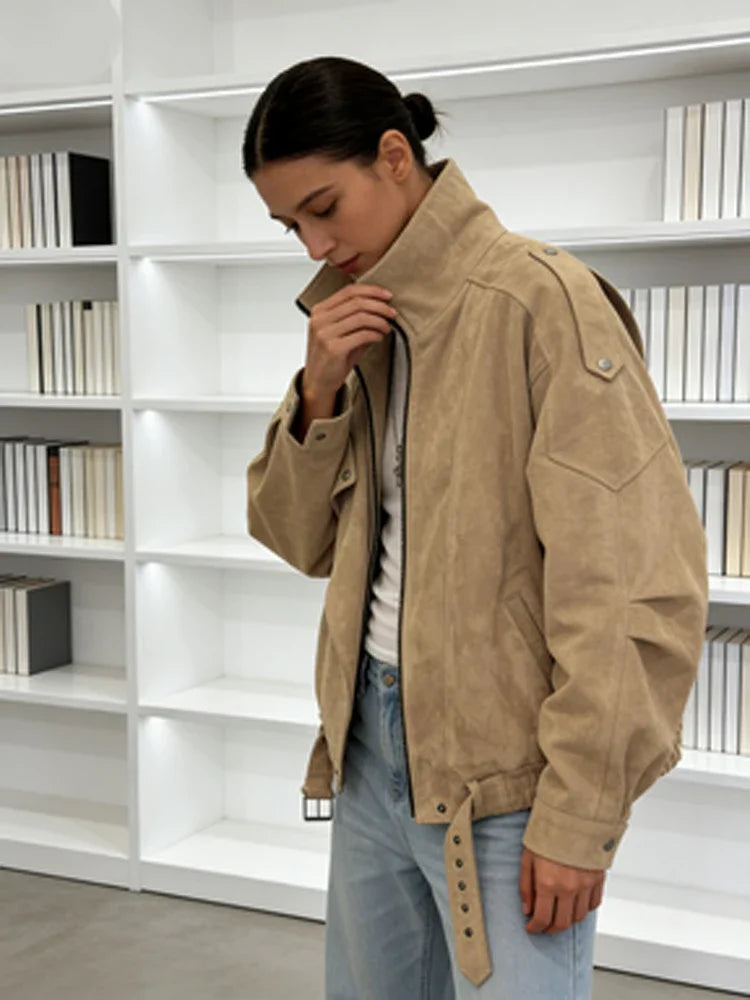 Khaki Lapel Short Suede Jacket Women Casual Stand Collar Full Sleeve Zipper Pocket Loose Jackets 2026 Lady Commute Street Coats LadyShow.Store