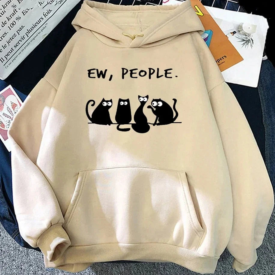 American Vintage 2025 Autumn Winter Woman Hoodies EW PEOPLE Letter Print Top Funny Harajuku Cartoon Black Cat Pattern Clothing LadyShow.Store