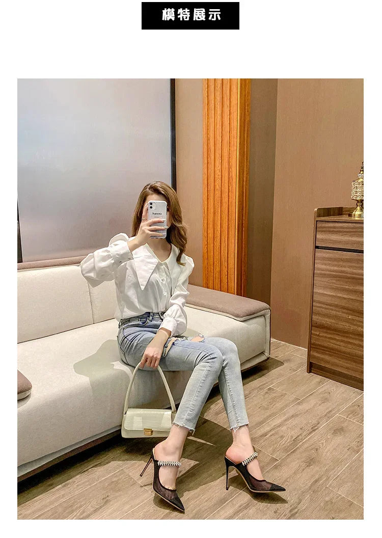 New Fashionable Thin Heel Pointed Water Diamond Mesh Hollow Sandals with Design Sense Half Dragged Muller Shoes ForOuterwear Pi-Mart