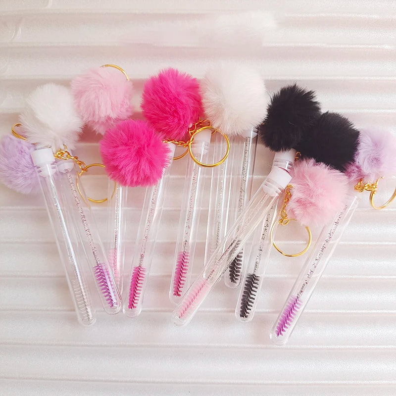 10pcs Eyelash Eyebrow Brush With Hairball Keychain Mascara Wand Reusable Lash Extension Clear Micro Comb Container Makeup Tool Pi-Mart