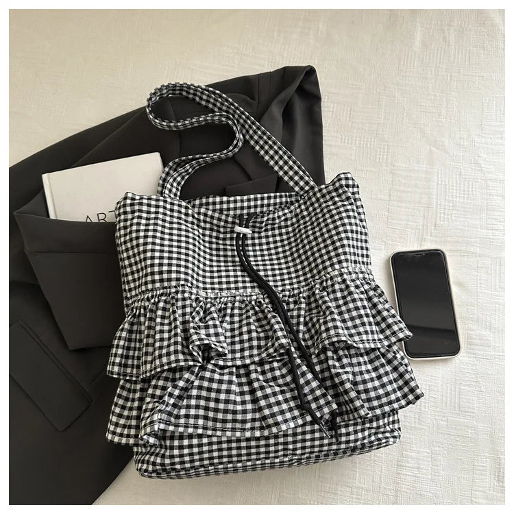 Large Capaci Cute Plaid Cotton Tote Bag  Lace Trim Women's Summer 2025 Simple Lady Handbag Soft Shoulder Bags Bolsa Feminina Pi-Mart