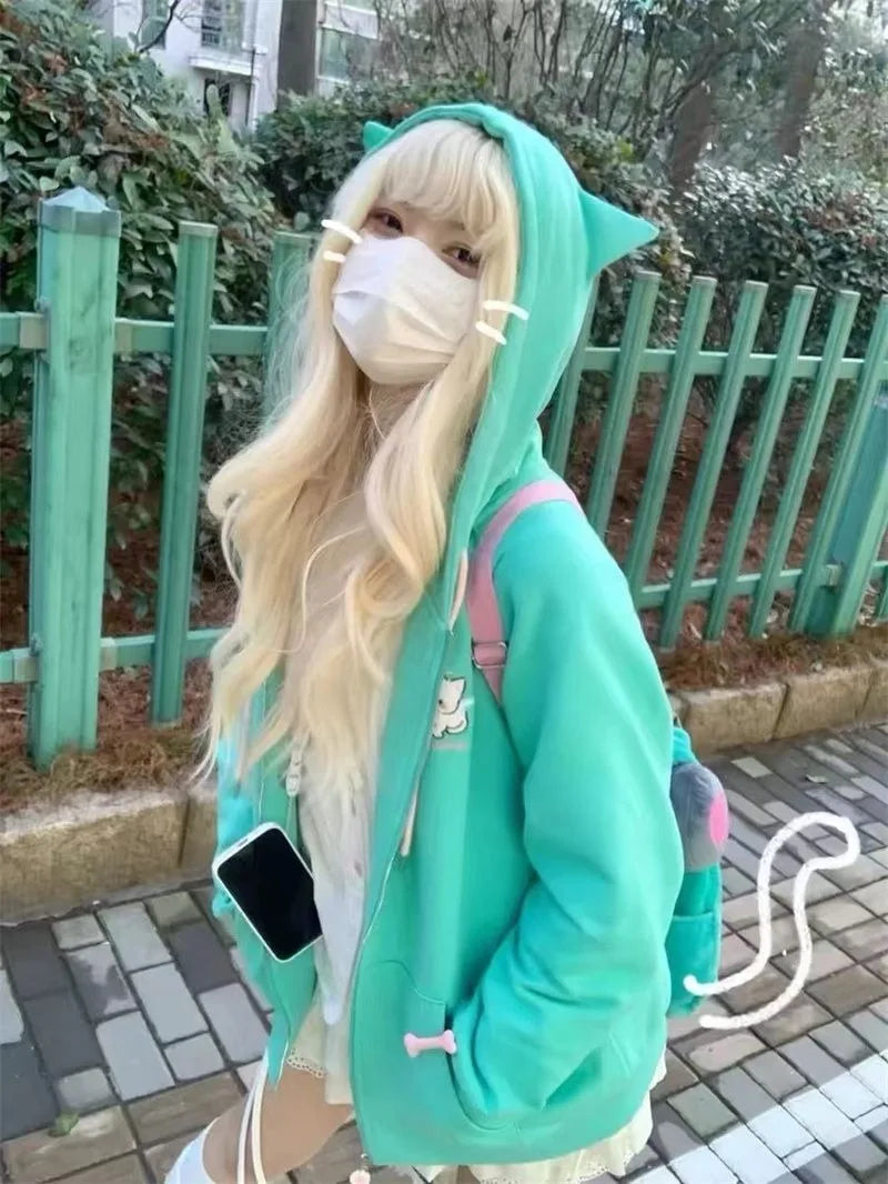Zipper Hoodie Gothic Cartoon Kawaii Cat Ear Y2k Jacket Zip Up Thin Coat Spring Autumn Cute Core 2000s Clothes Fall Sweatshirts LadyShow.Store