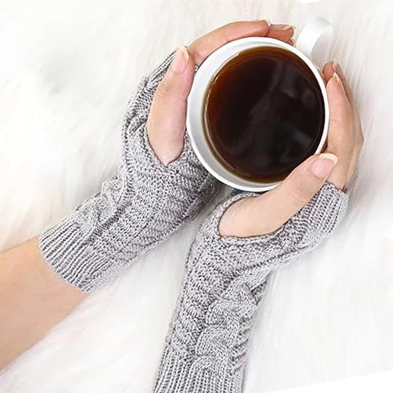 Women Stylish Hand Warmer Winter Gloves Arm Crochet Knitting Faux Wool Mitten Warm Fingerless Glove Twist Pattern Women Gloves Pi-Mart