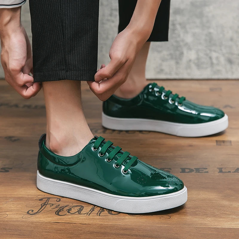 Spring Autumn Leather Shoes High Quality Patent Leather Casual Shoes Lace Up Sneakers Green Fashion Sole Designer Leather Shoes Pi-Mart