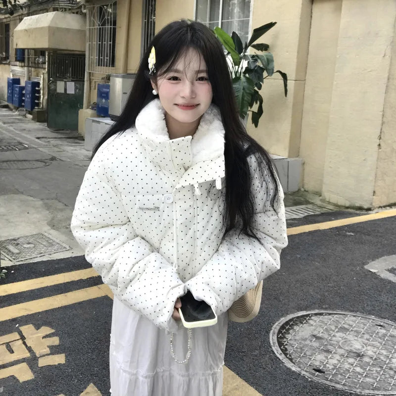Women's Kawaii Polka Dot Down Cotton Jacket Korean Button Patchwork Corduroy Short Parkas Y2K Stand Collar Puffer Warm Jacket LadyShow.Store