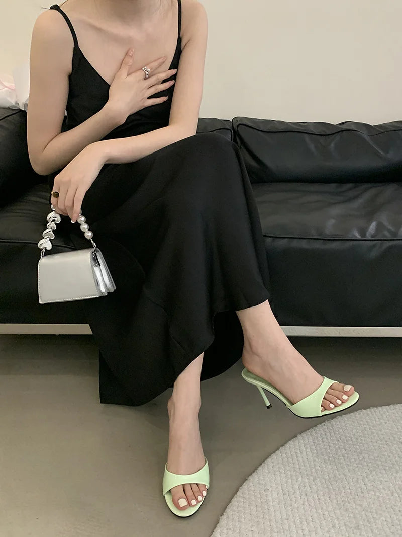 Liyke Wine Red Patent Leather Women Slippers Sandals Fashion Round Open Toe Thin High Heels Mules Slides Summer Party Dress Shoe Pi-Mart