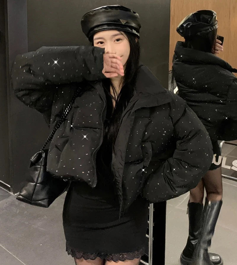 2026 New Winter Clothing Parkas Women's Outwear Short Coats Korean Rhinestone Coat Ladies Thickened Warm Cotton Puffer Jackets LadyShow.Store