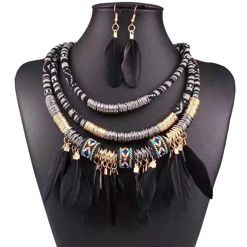 Fashion Vintage Ethnic Feather Choker Necklace Earrings Set For Women Multilayer Nekclace Earrings Jewelry Sets Pi-Mart