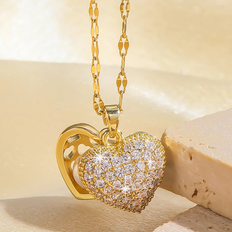ZAKOL Korean Light Luxury Shell Pearl Necklace For Women Micro Inlaid Zircon Love Heart Moon Choker Wedding Jewelry Pi-Mart