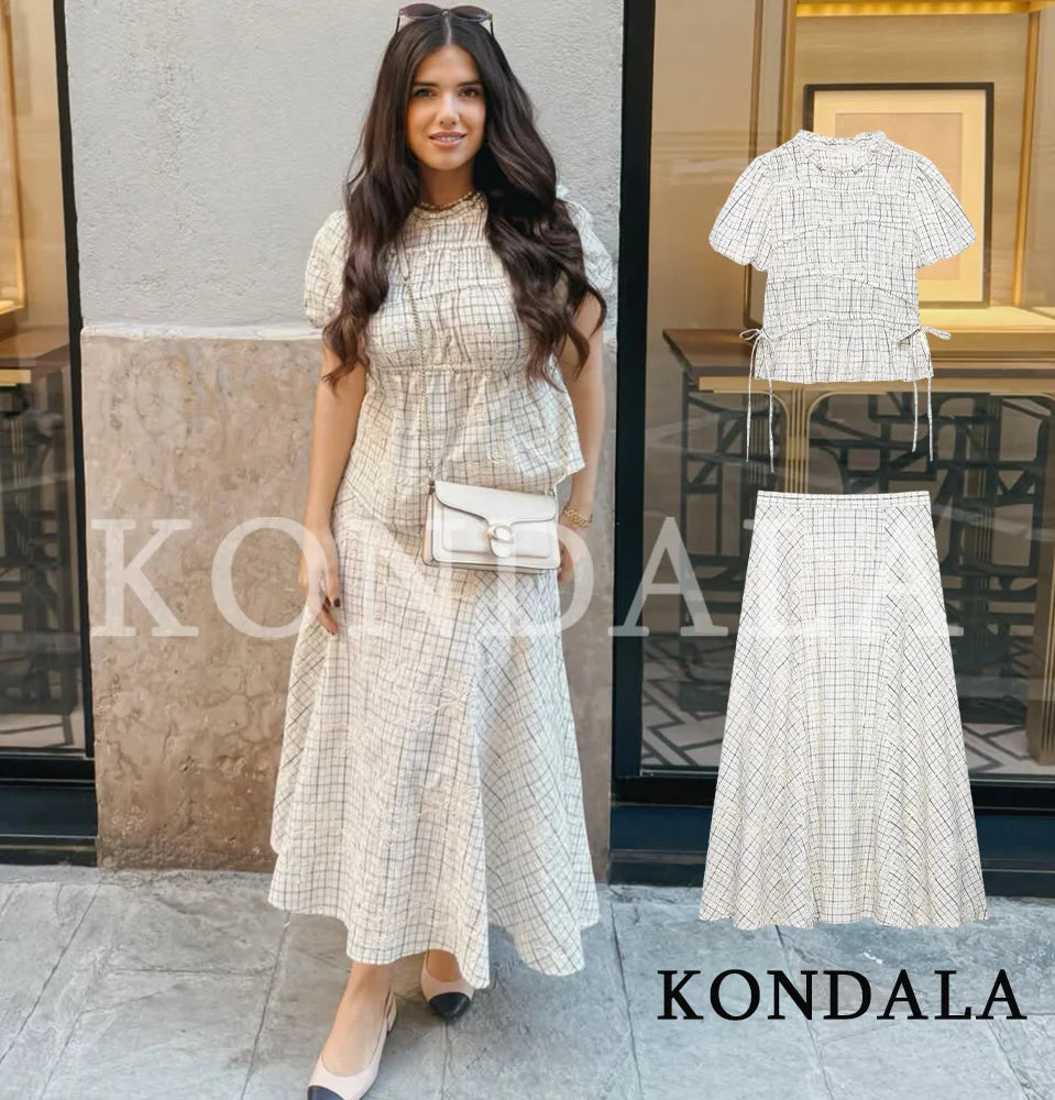 KONDALA Chic Embroidery Plaid Skirt Set Women Trendy 2026 Spring Summer Holidays Casual Set Puff Sleeve Shirts, A-Line Skirts Pi-Mart