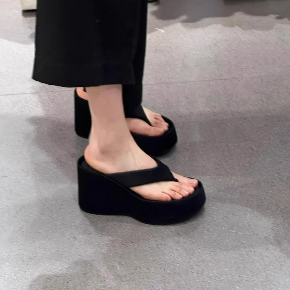 Women Slippers Height Increase Thick Soled Flip Flops Women's Summer Outside Pinch Feet Slippers Women Wedge Heel Sandals LadyShow.Store