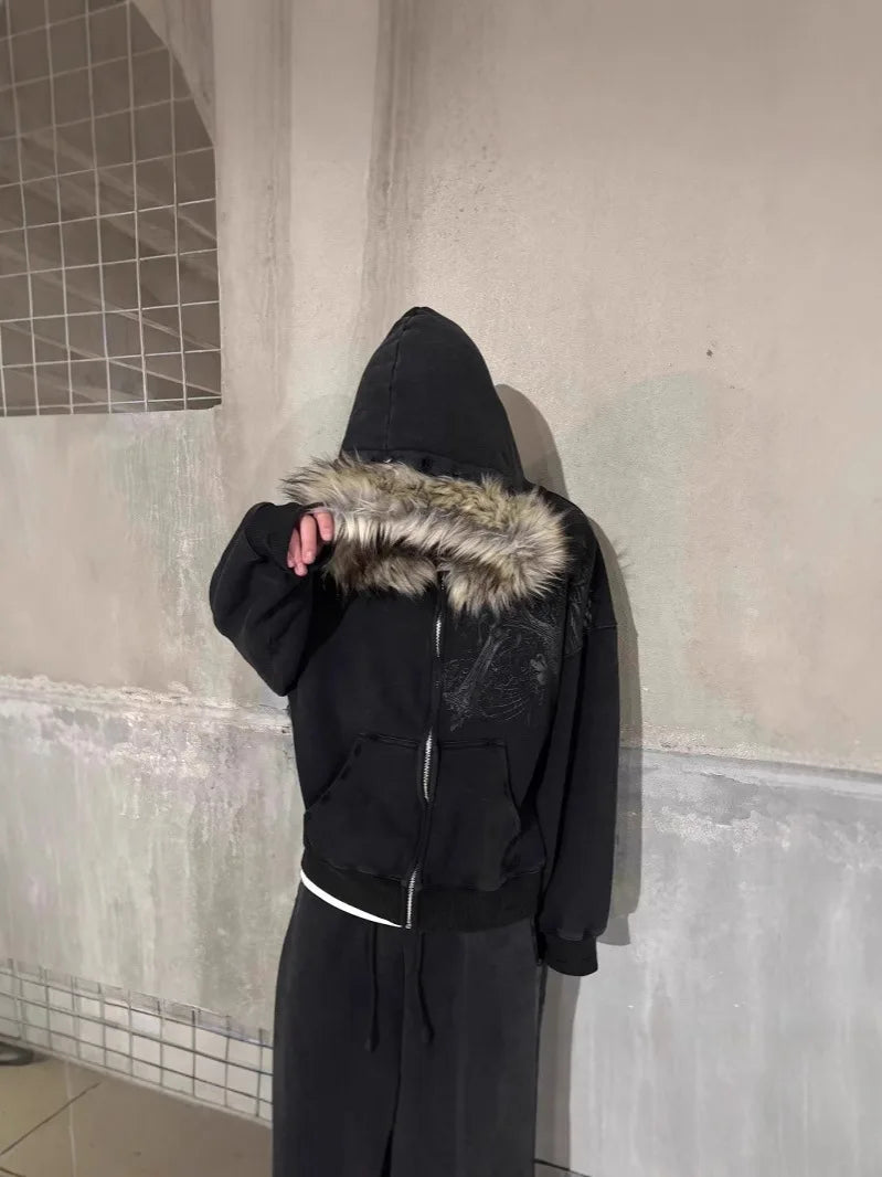 Autumn/Winter Y2k Women Aesthetic Harajuku Faux Fur Collar Hoodies Clothes Graphic Hip Hop Punk Gothic Zip Up Hoodies 2025 new LadyShow.Store