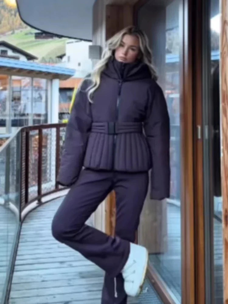 Belted Chic Hooded Cotton Coat Women Casual Full Sleeve Stand Collar Zipper Short Skiwear  Lady Winter Sport Puffer Jacket LadyShow.Store