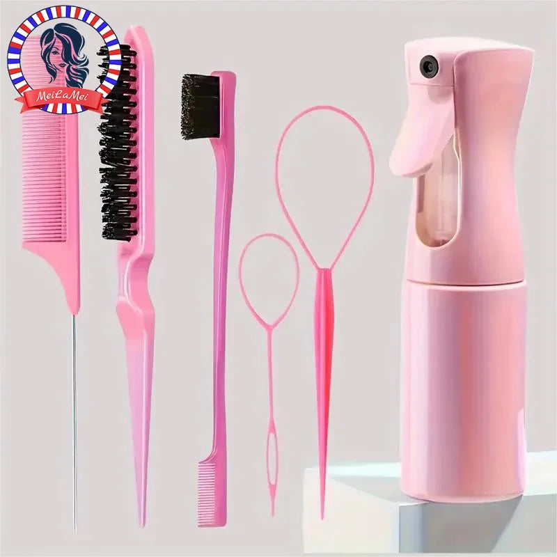 6pcs/Set Hair Brush Set Hairdressing Spray Bottle Hair Braiding Loop Rat Tail Comb Teasing Hair Brsuh Edge Control Hair Brush Tri Light Beauty