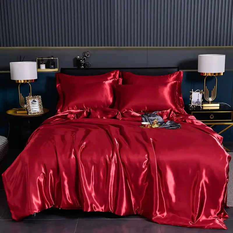 Luxury 100% Silk Bedding Set with Duvet Cover Set Double King Queen Size Bedding Cover Kit 4pcs Bed Cover Bed Linen Sets Pi-Mart