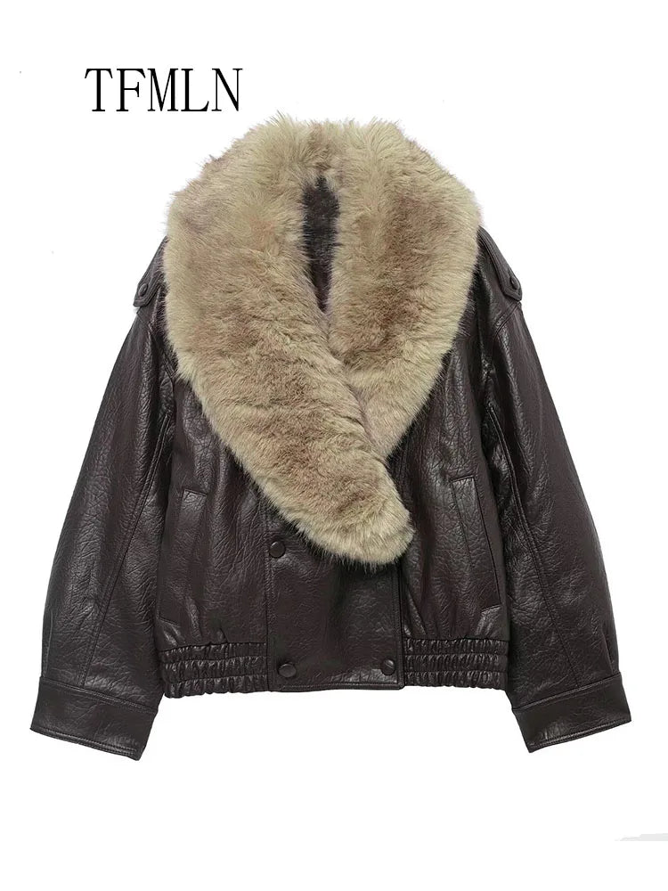 TFMLN 2025 Winter Women Loose Faux Leather Jacket Fashion Removed Big Fur Collar Causal Coat High Street Double Breasted Outwear LadyShow.Store