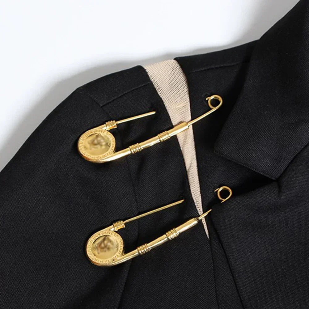 VGH Chic Spliced Metal Pin Slimming Blazer for Women Notched Collar Long Sleeve Patchwork Mesh Hollow Out Fashion Jacket Female LadyShow.Store