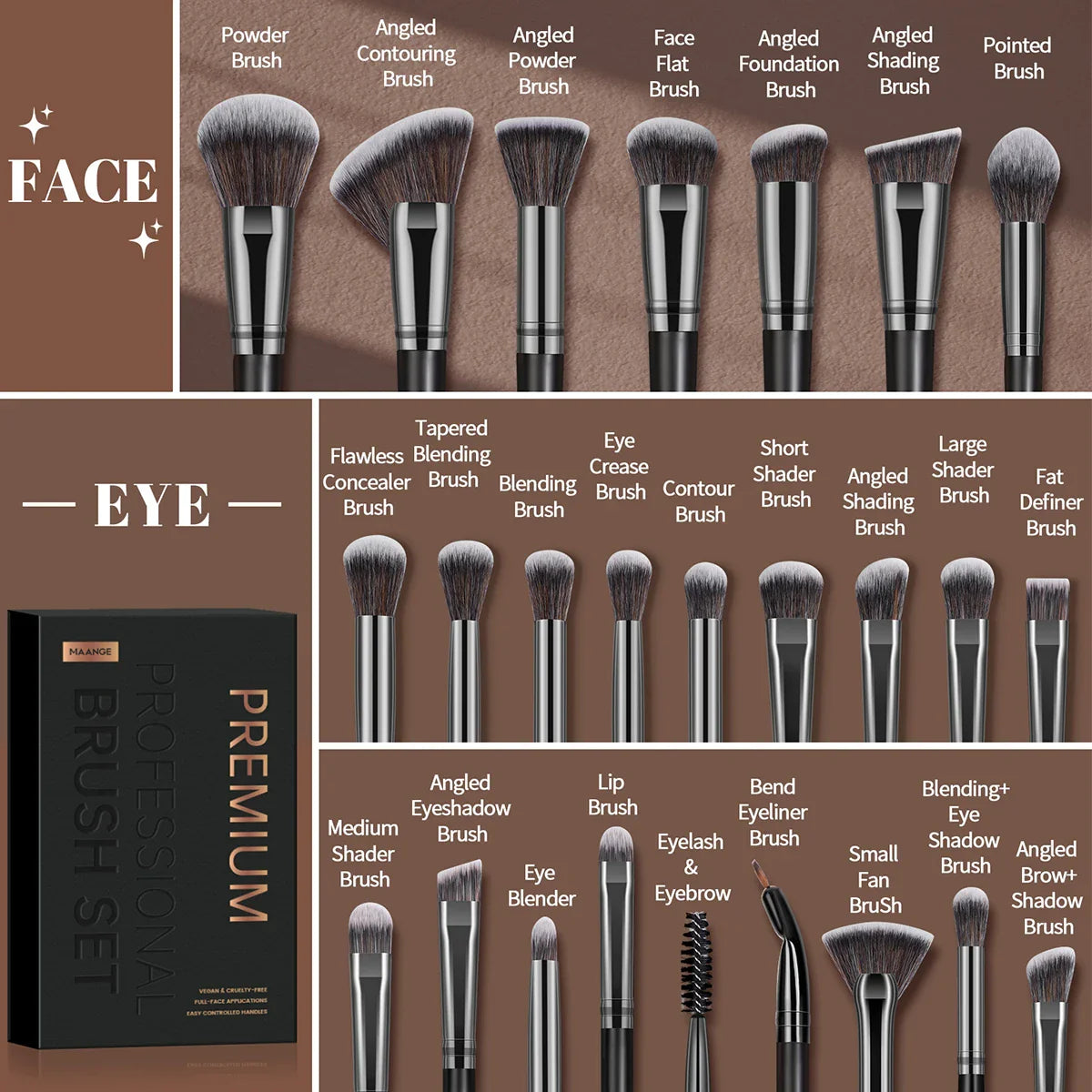 MAANGE Professional Gift Box 25 Pieces Makeup Brushes Kit Face Eye Beauty Brushes For Foundation Conceal Eyeshadow Contour Brush Tri Light Beauty