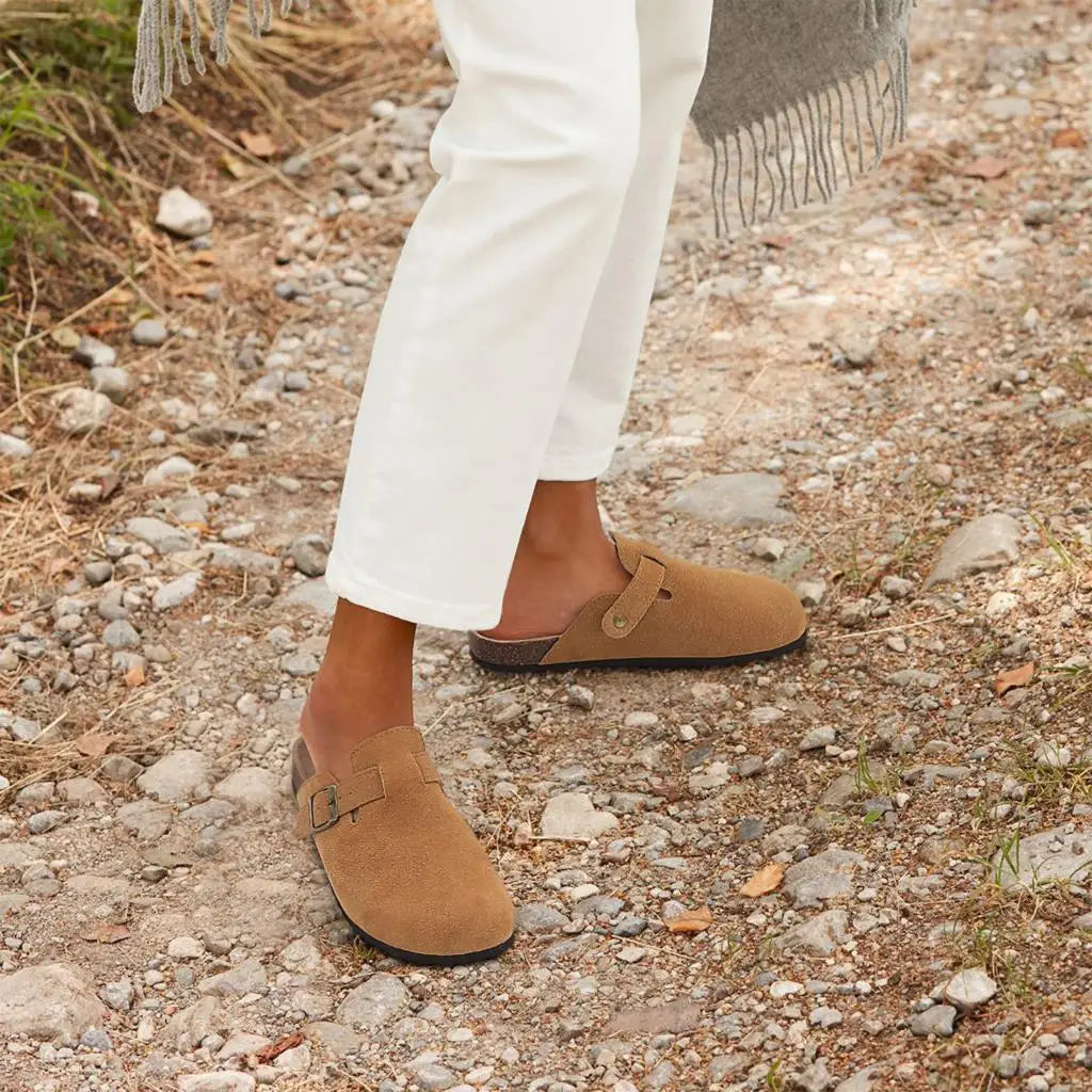 Comwarm Buckle Clogs For Women Men New Genuine Suede Clogs with Arch Support Soft Cork Footbed Mules Fashion Thick Beach Sandals Pi-Mart