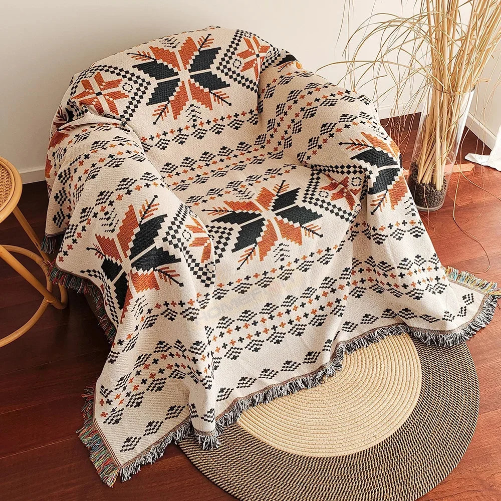 Aztec Blanket Oversized Boho Throw Blanket with Fringe Southwestern Geometric Tapestry Vintage Woven Throw Blankets Double-S Pi-Mart