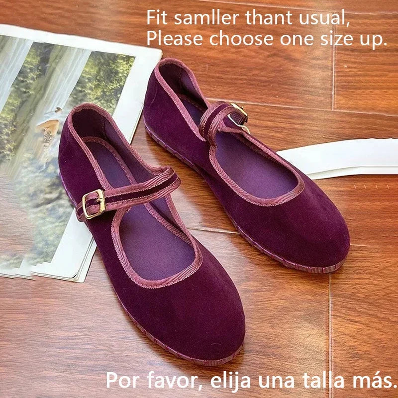 Velvet Mary Jane Shoes for Women Hand Stitch Casual Streetwear Ballet Flats Pumps Female Solid Color Red Cloth Shoes Loafers LadyShow.Store