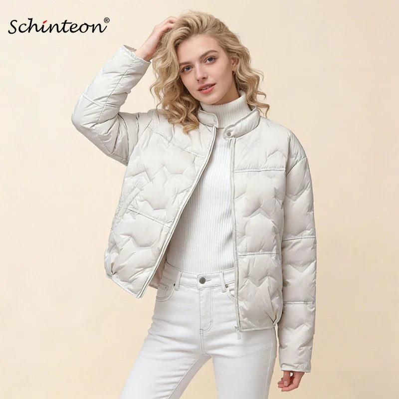 Schinteon Women White Duck Down Lightweight Puffer Quilted Jacket Stand Collar Fashion Autumn Winter Short Coat 2026 New LadyShow.Store