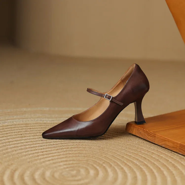 NEW Spring/Autumn Women Pumps Genuine Leather Shoes for Women Pointed Toe Thin Heel Shoes Shallow Buckle Strap Mary Janes Shoes Pi-Mart