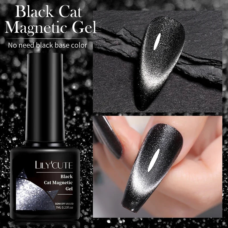 LILYCUTE 7ML Black Crystal Cat Magnetic Gel Sparkling Glitter Gel Nail Polish Semi Permanent UV Gel Nail Art No Need Base Color Tri Light Beauty