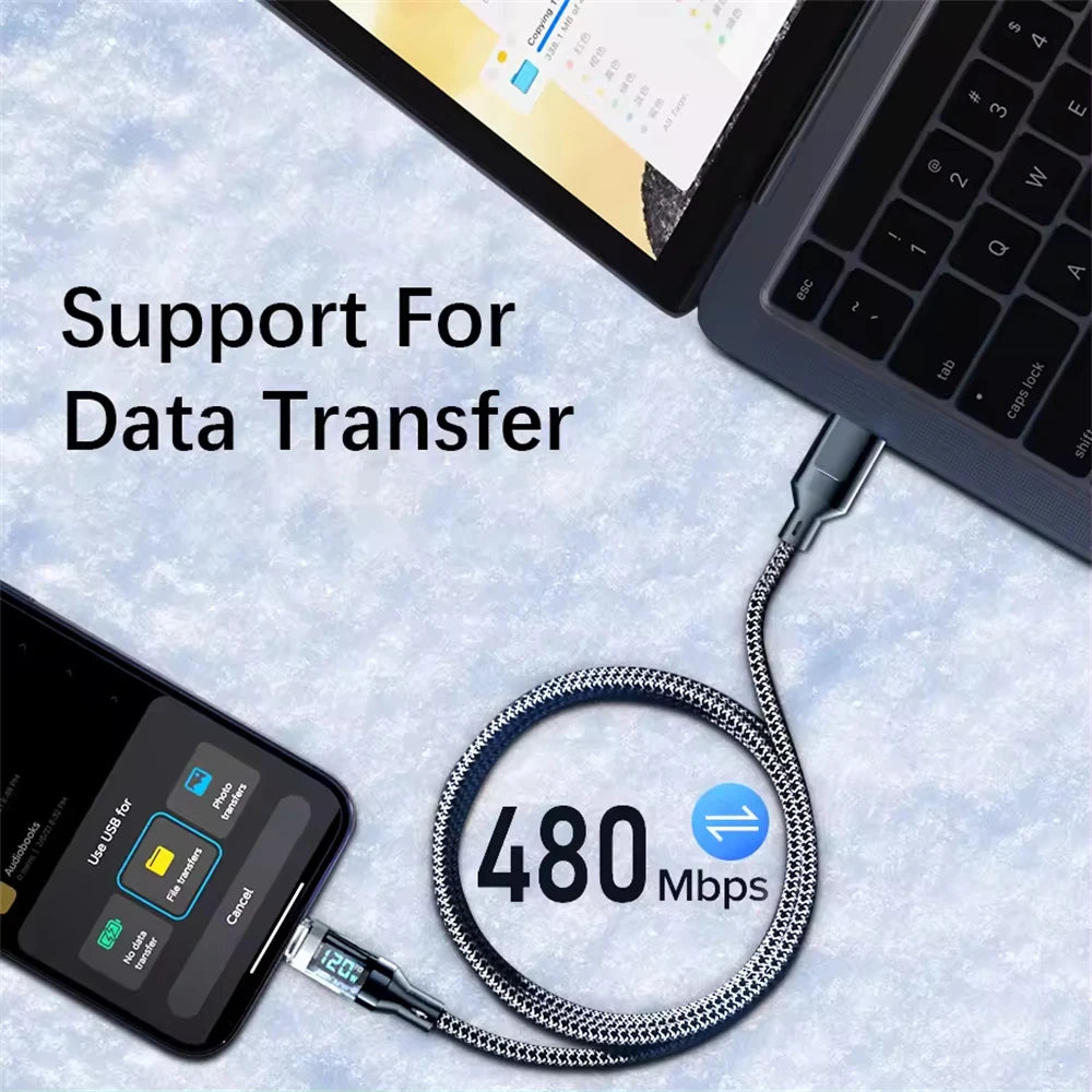 120W Super Fast Charging Cable Real-time Digital Display USB A to Type C Data Cable For iPhone Android Phones Universal Pi-Mart