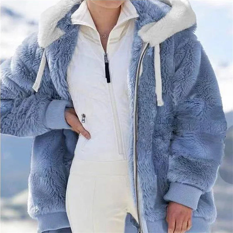Women Winter Warm Faux Fur Jacket Plush Coat New Casual Hooded Fashion Zipper Soft Fleece Cashmere Jackets Female Thick Clothing LadyShow.Store