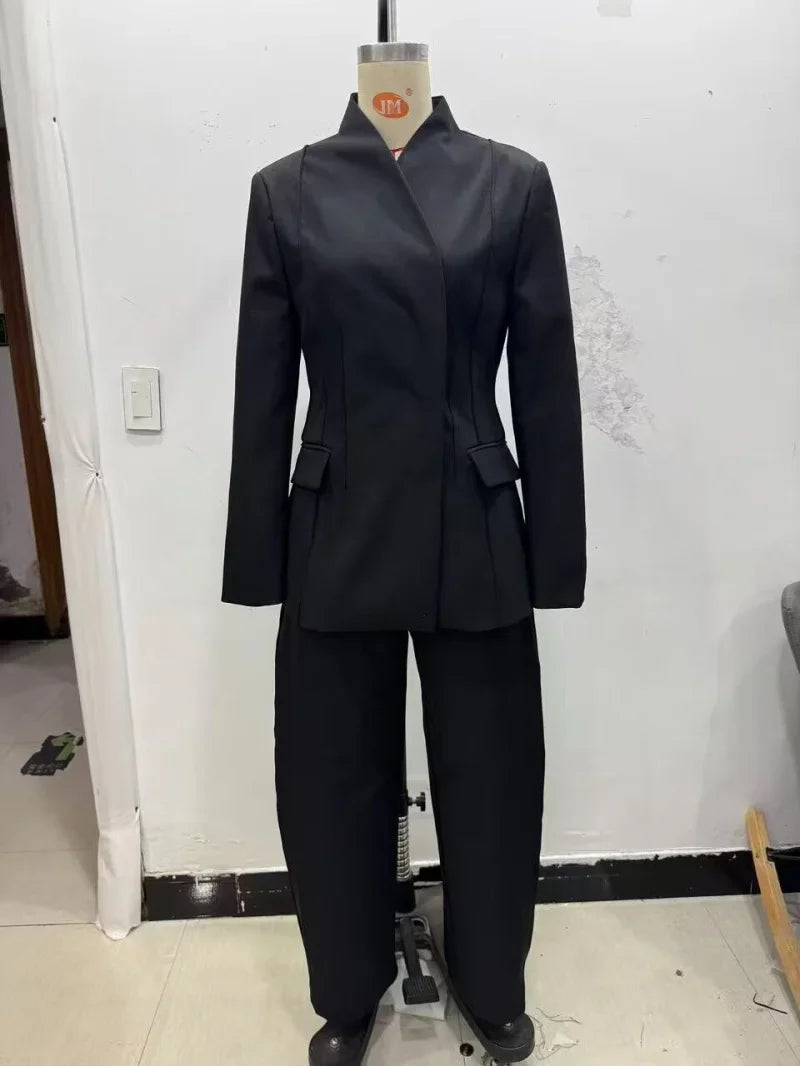 ETJ 2025 women's new fashion design three-dimensional cut high collar slim suit jacket & matching casual trousers LadyShow.Store