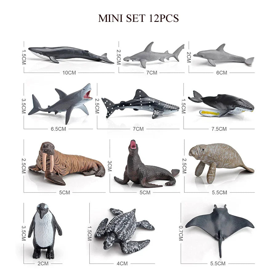 Realistic Mini Ocean Animal Figurines Plastic Marine Sea Creatures Whale Shark Dolphin Turtle Penguin Model Playset Gift for Kid LadyShow.Store