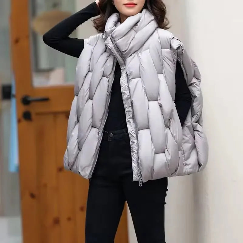 Women Thick Cotton Vest Women Square Weave High Collar Warm Waistcoat Casual  Warm Puffer Bubble Sleeveless Jacket LadyShow.Store