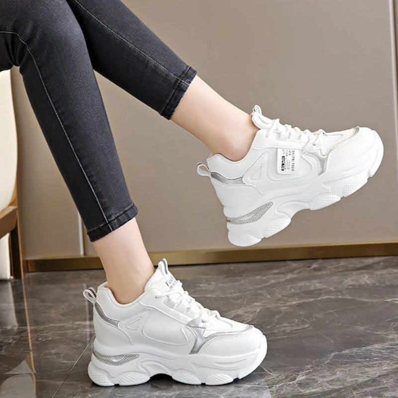 Women's Thick Soled Lightweight Sports Shoes Spring and Autumn New White Casual Women's Thick Soled Height Increasing Shoes Pi-Mart