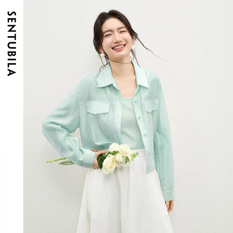 SENTUBILA Lyocell Shirt Women Sun Protection See-Through Tops 2026 Spring Summer Short Shirt Jacket Woman Shackets Q61WF6012 LadyShow.Store