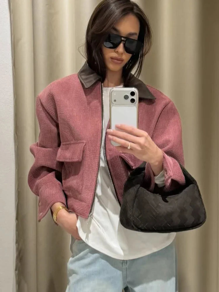 SLTNX Spring Pink Casual Jacket Women's Loose Fit Streetwear Front Zipper Pockets Lounge Wear Daily Outerwear LadyShow.Store