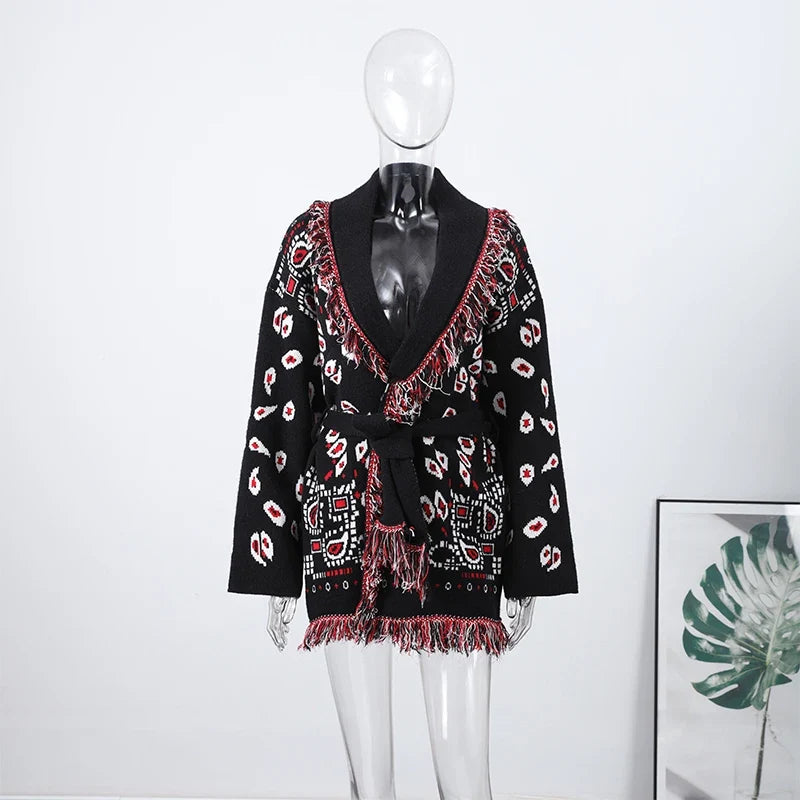 Casual Printed Cardigans Women Tassel Lace Up V-neck Full Sleeve Loose Knit Coat Female 2026 Autumn Fashion Lady Outwears LadyShow.Store