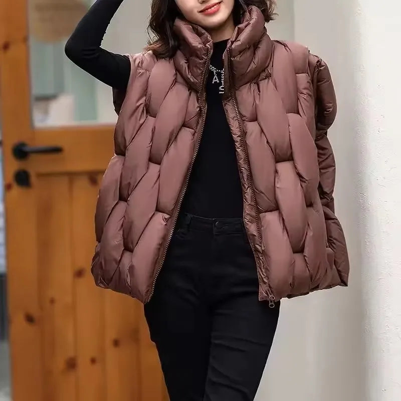 Women Thick Cotton Vest Women Square Weave High Collar Warm Waistcoat Casual  Warm Puffer Bubble Sleeveless Jacket LadyShow.Store